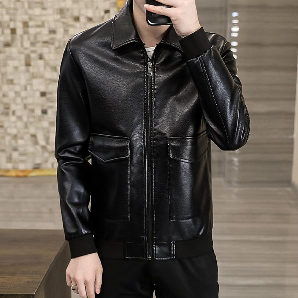 DGHM-JLMY Men's Fur Collar Leather Jacket Autumn Thin Jacket Coat